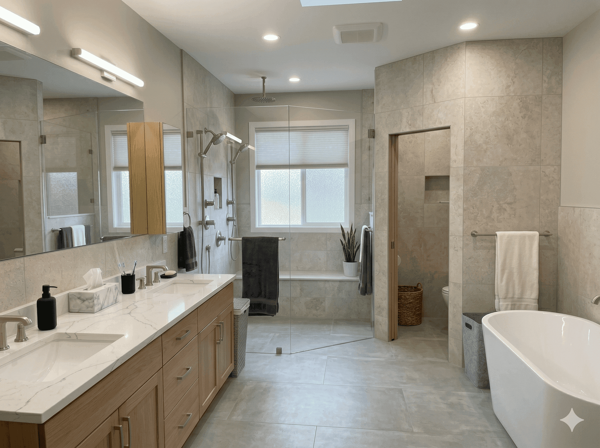 Bathroom after — open walk-in shower, custom vanity, refinished tile