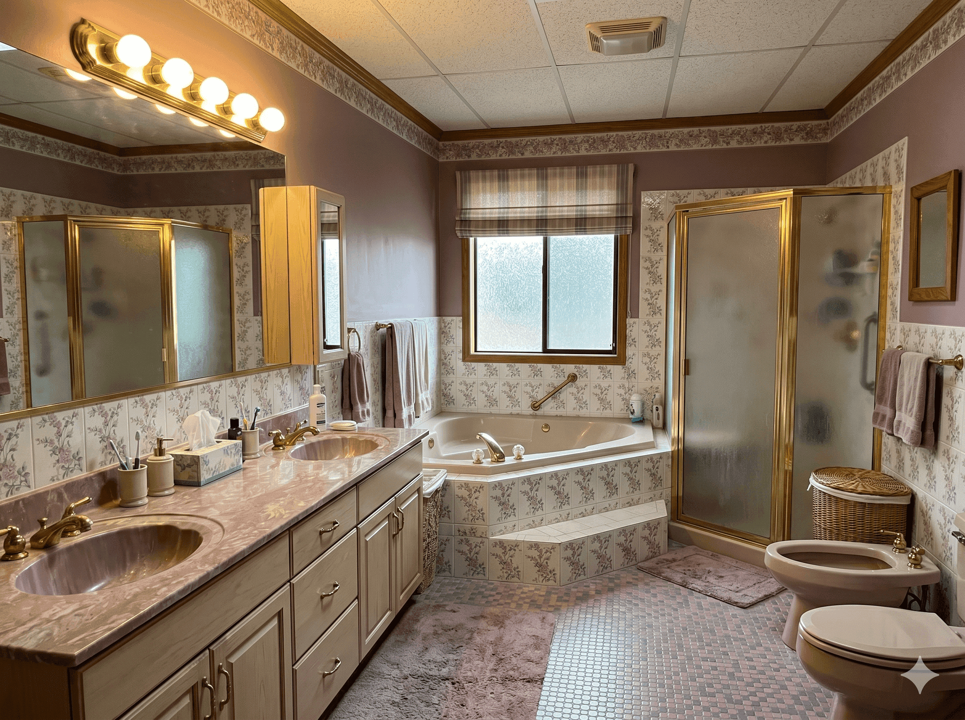 Bathroom before — dated tub-and-tile combo