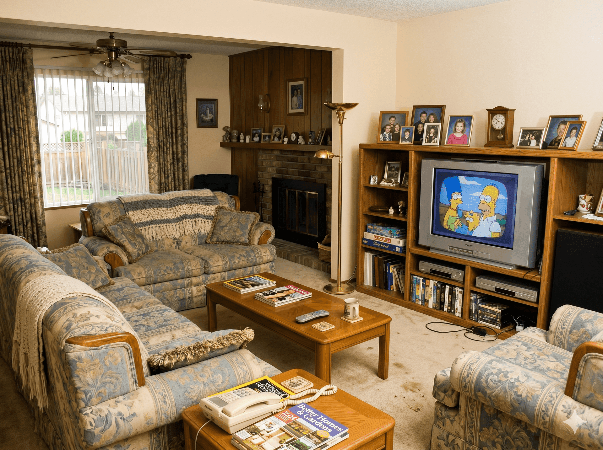 Living room before — dated finishes