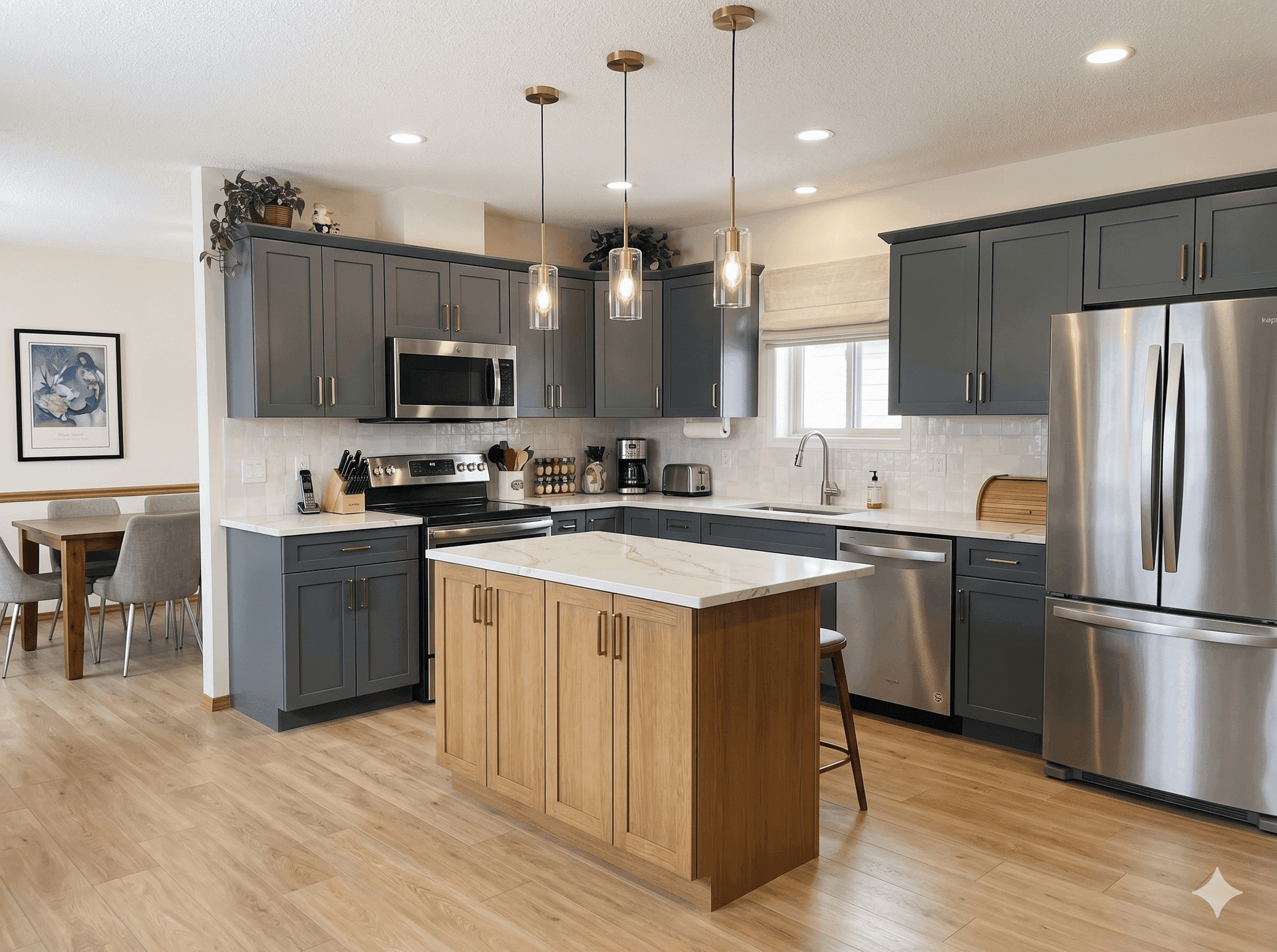 Kitchen after remodel — custom plywood-box cabinetry, full-height upper run