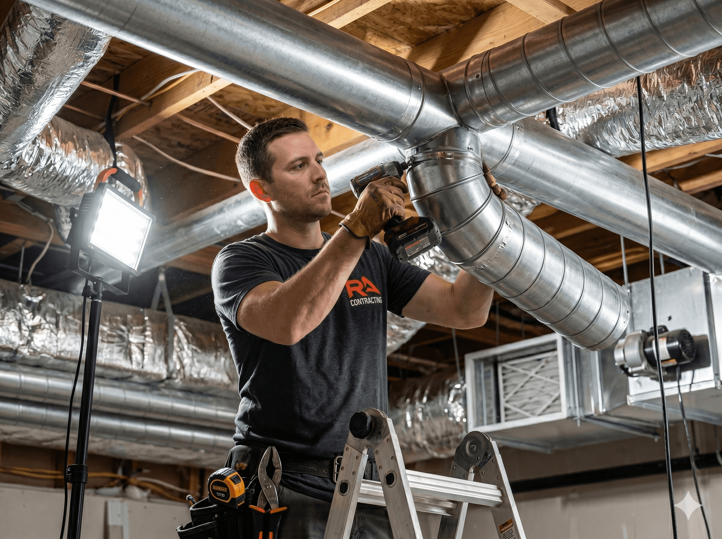 Sealed and insulated duct trunk in an attic — mastic at every joint, R-8 wrap holding