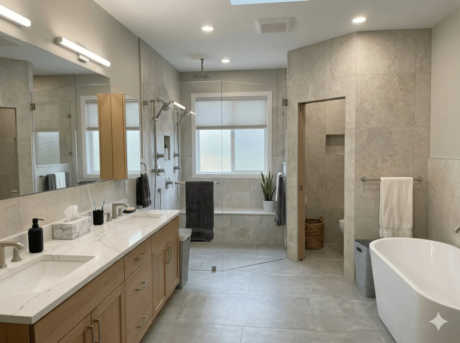 Bathroom after — open walk-in shower, custom vanity, refinished tile