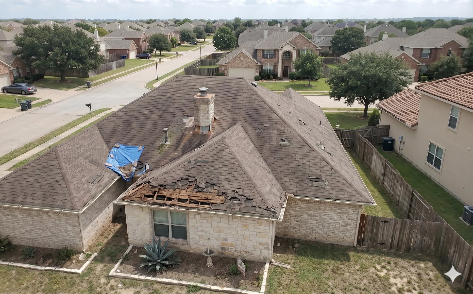 Asphalt-shingle roof showing hail bruises and granule loss