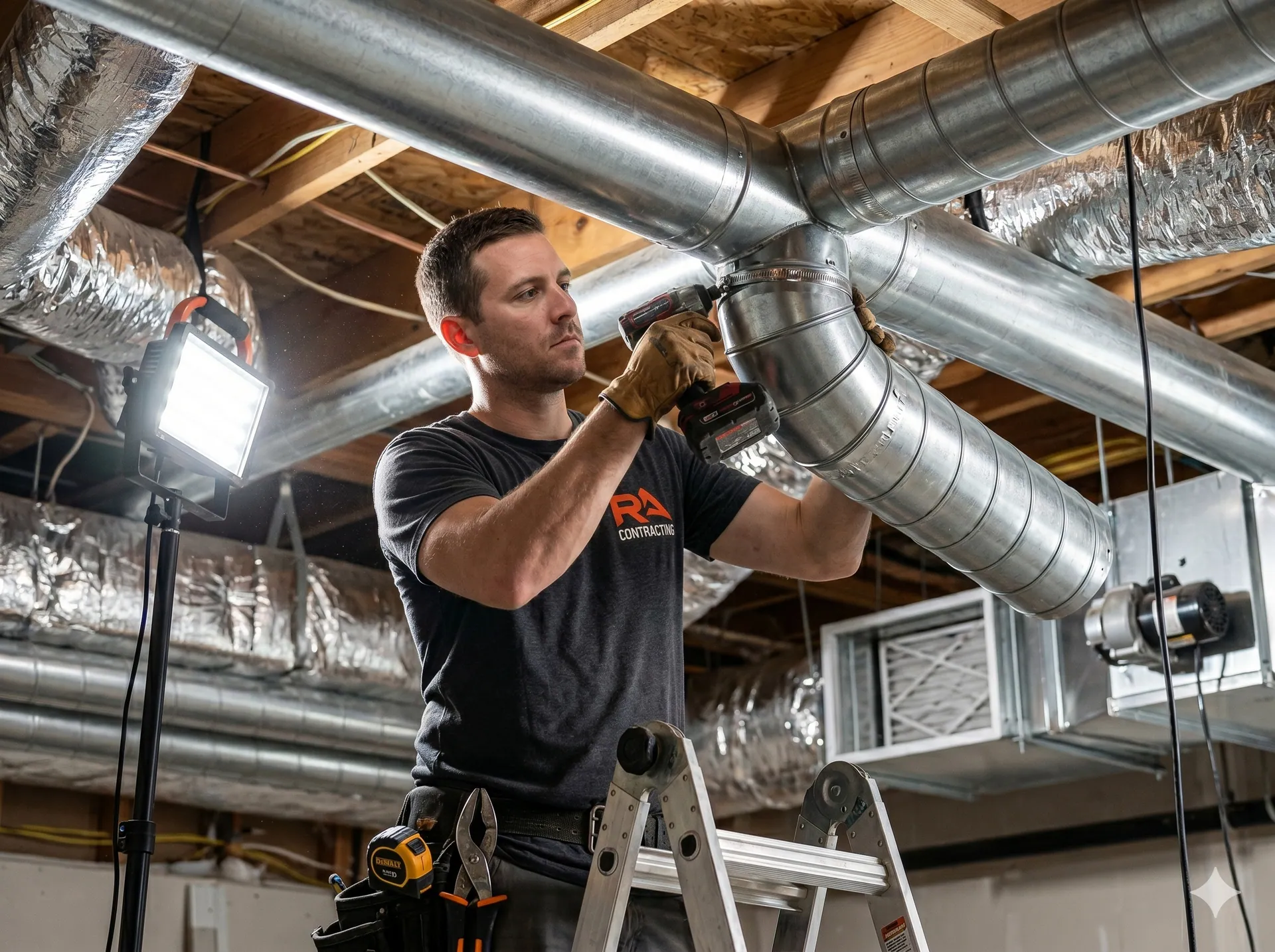 Sealed and insulated duct trunk in an attic — mastic at every joint, R-8 wrap holding