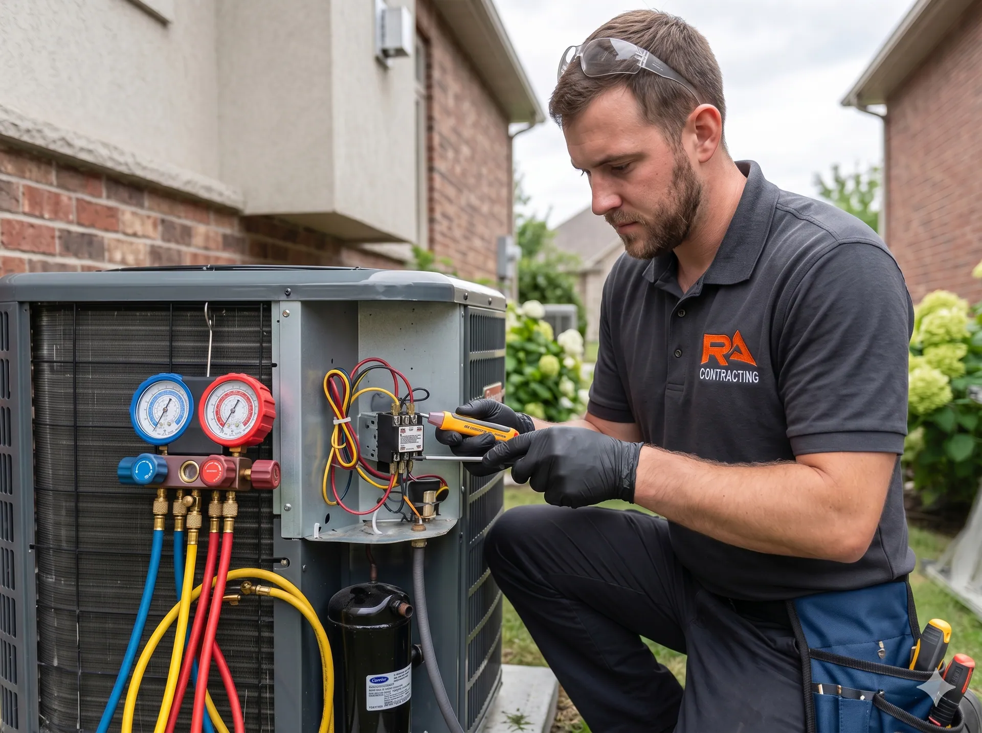 Residential HVAC AC unit installation on the side of a home